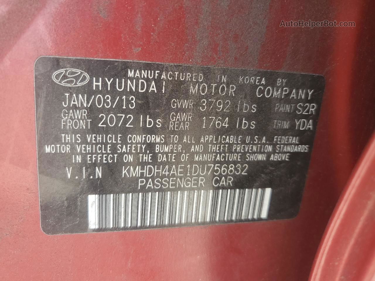 2013 Hyundai Elantra Gls Red vin: KMHDH4AE1DU756832