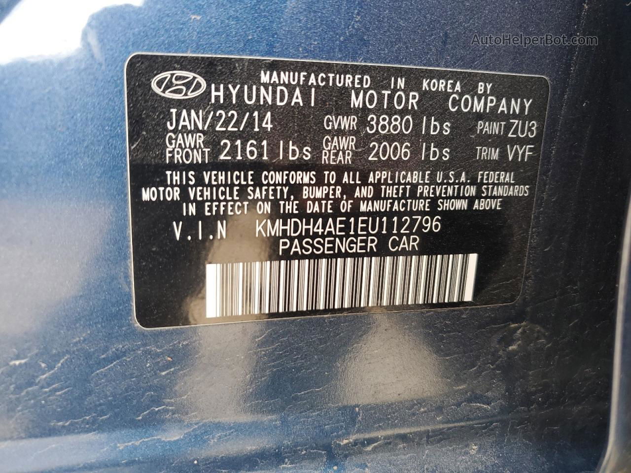 2014 Hyundai Elantra Se Blue vin: KMHDH4AE1EU112796