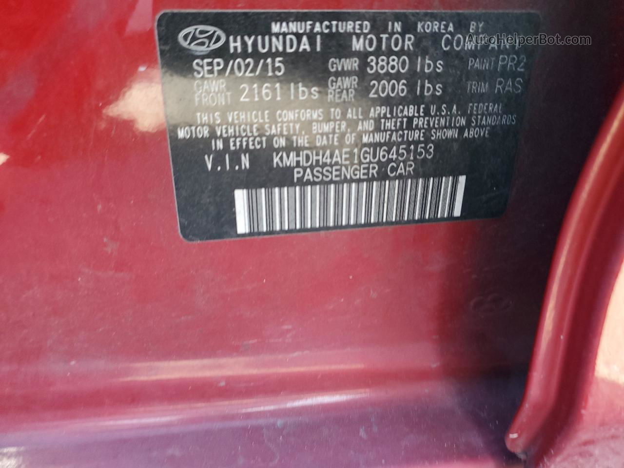2016 Hyundai Elantra Se Red vin: KMHDH4AE1GU645153