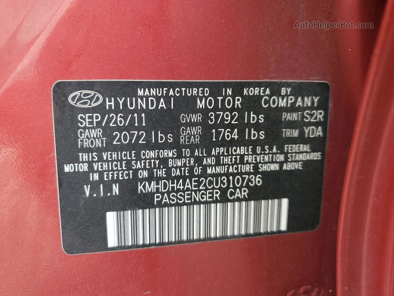 2012 Hyundai Elantra Gls Red vin: KMHDH4AE2CU310736