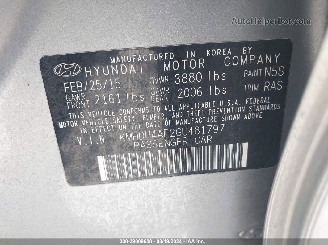 2016 Hyundai Elantra Se Серебряный vin: KMHDH4AE2GU481797