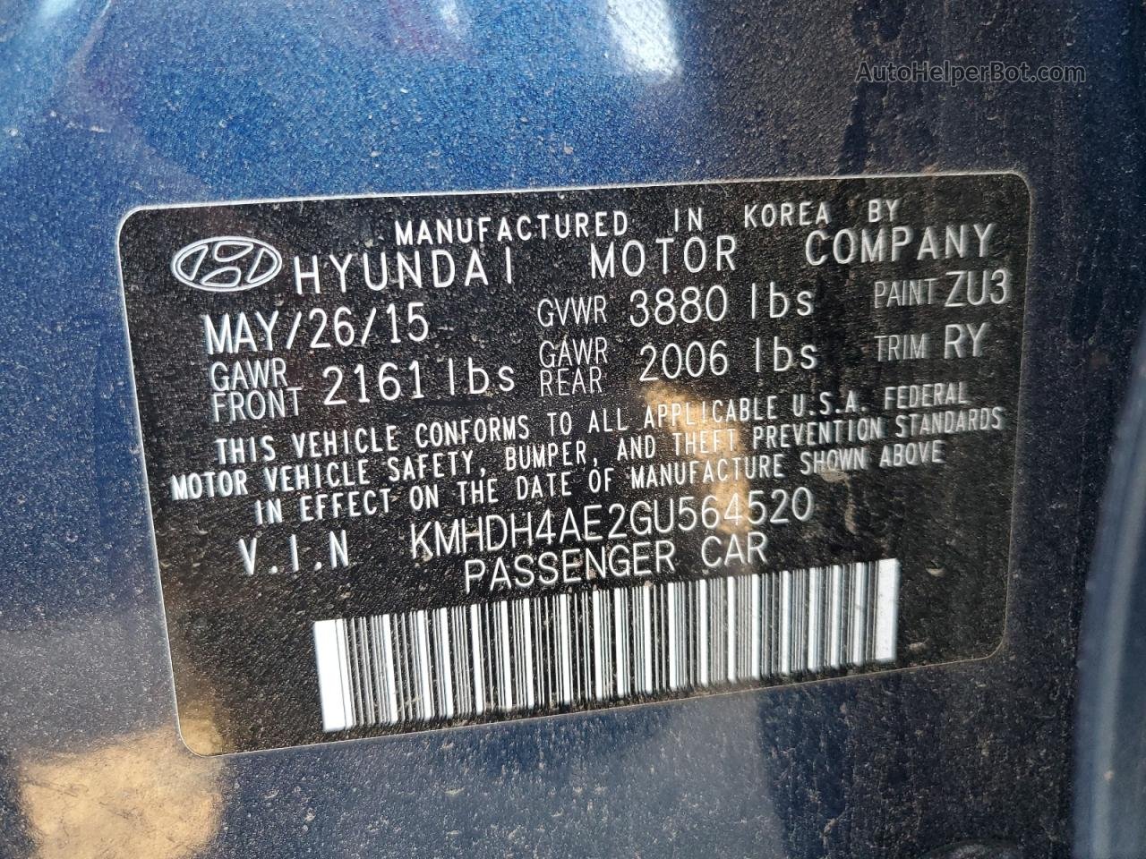 2016 Hyundai Elantra Se Синий vin: KMHDH4AE2GU564520