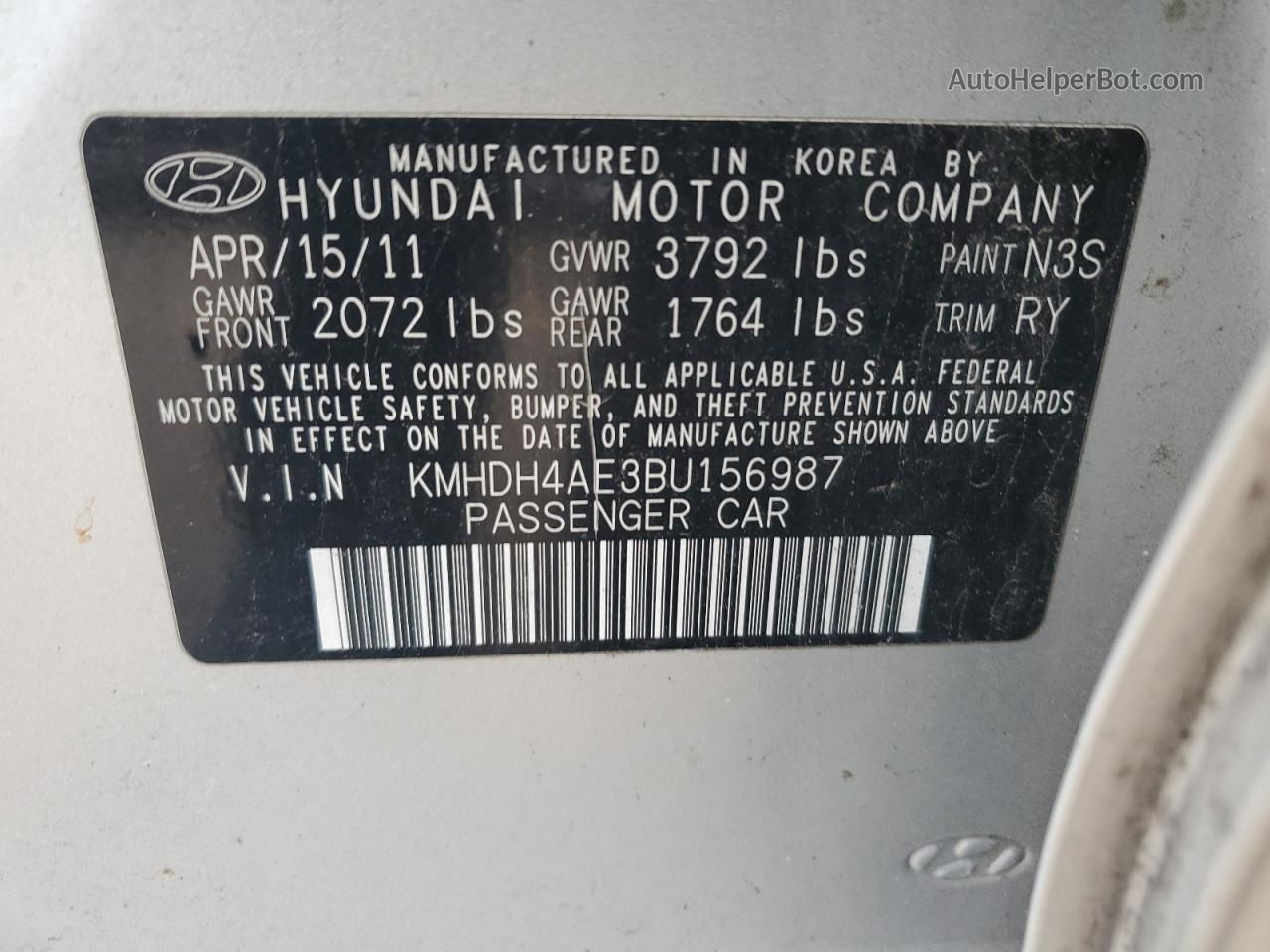 2011 Hyundai Elantra Gls Silver vin: KMHDH4AE3BU156987