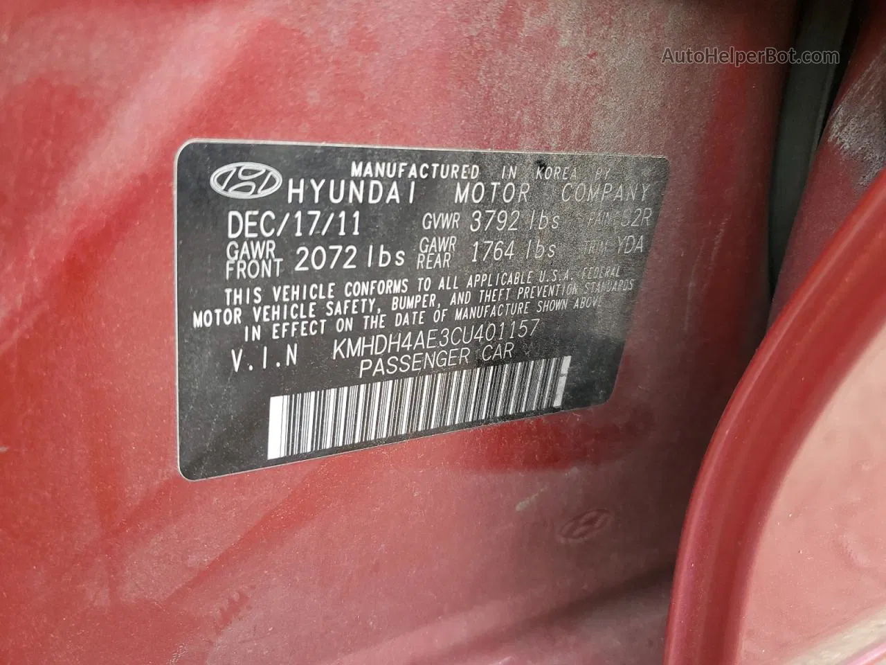 2012 Hyundai Elantra Gls Red vin: KMHDH4AE3CU401157