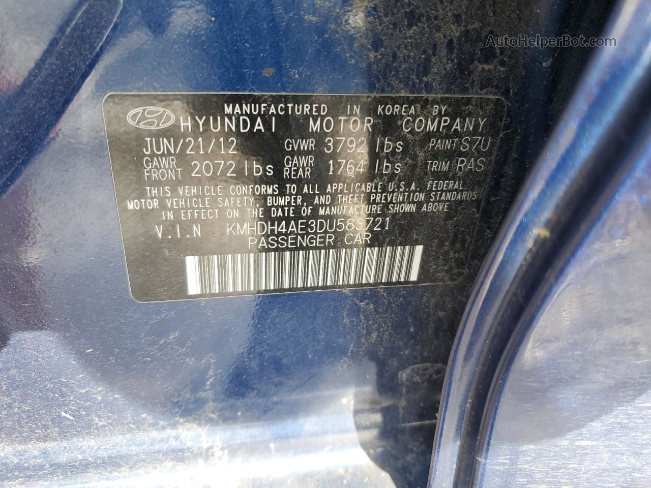 2013 Hyundai Elantra Gls Blue vin: KMHDH4AE3DU583721