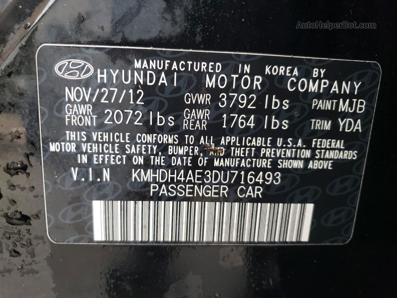 2013 Hyundai Elantra Gls Black vin: KMHDH4AE3DU716493
