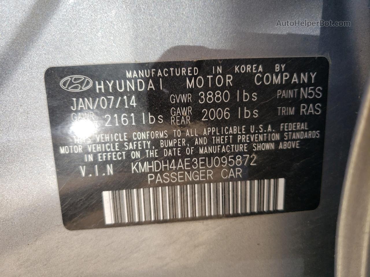 2014 Hyundai Elantra Se Gray vin: KMHDH4AE3EU095872