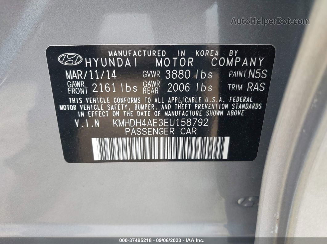 2014 Hyundai Elantra Se (ulsan Plant) Gray vin: KMHDH4AE3EU158792