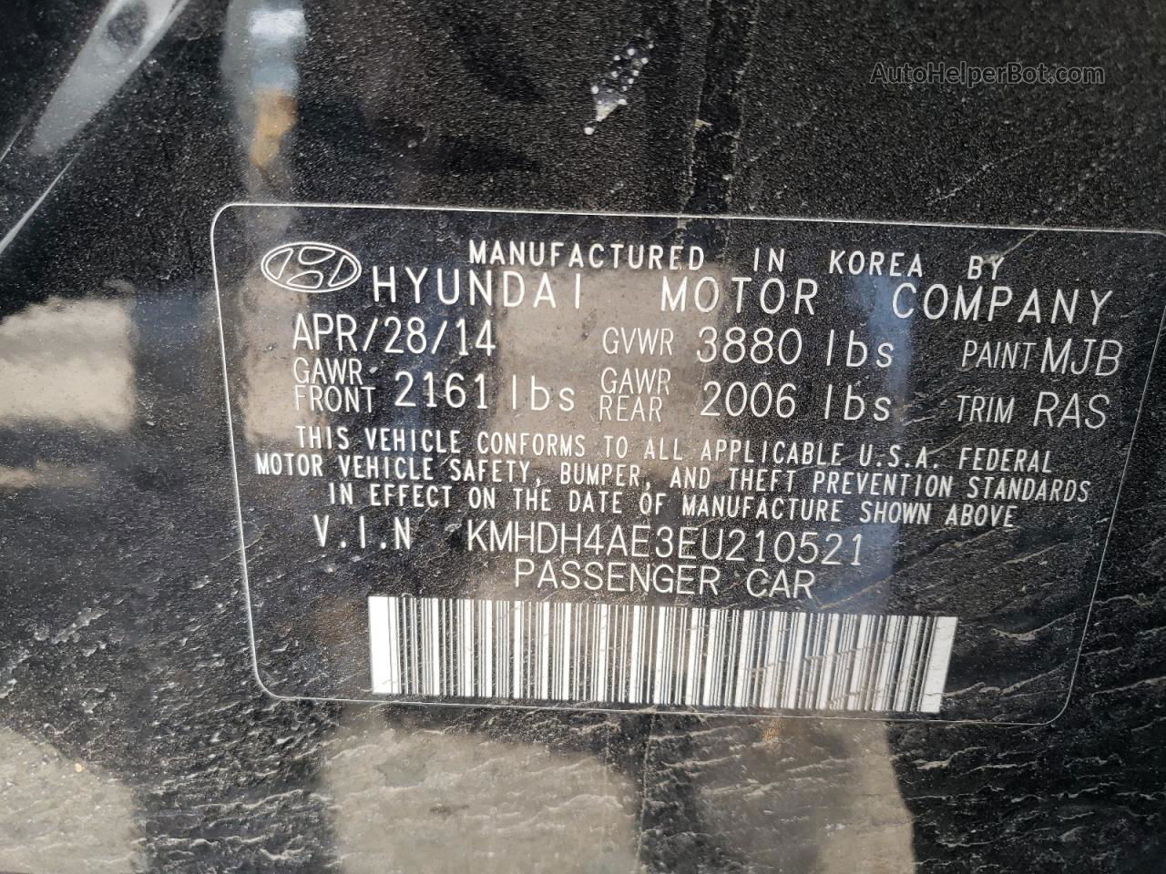 2014 Hyundai Elantra Se Черный vin: KMHDH4AE3EU210521