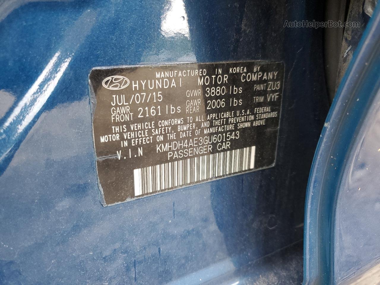 2016 Hyundai Elantra Se Blue vin: KMHDH4AE3GU601543