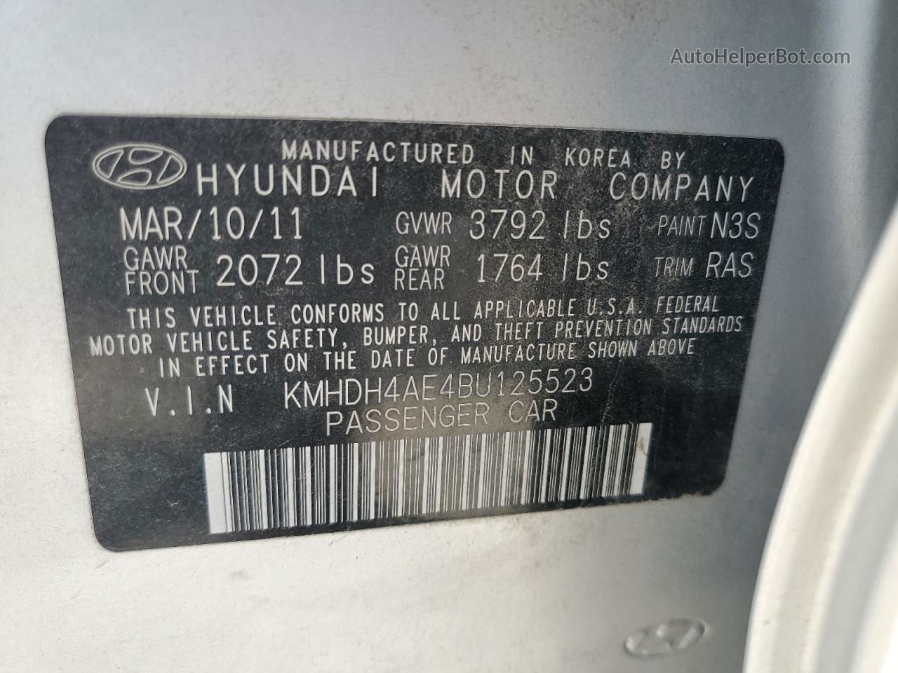 2011 Hyundai Elantra Gls Серебряный vin: KMHDH4AE4BU125523