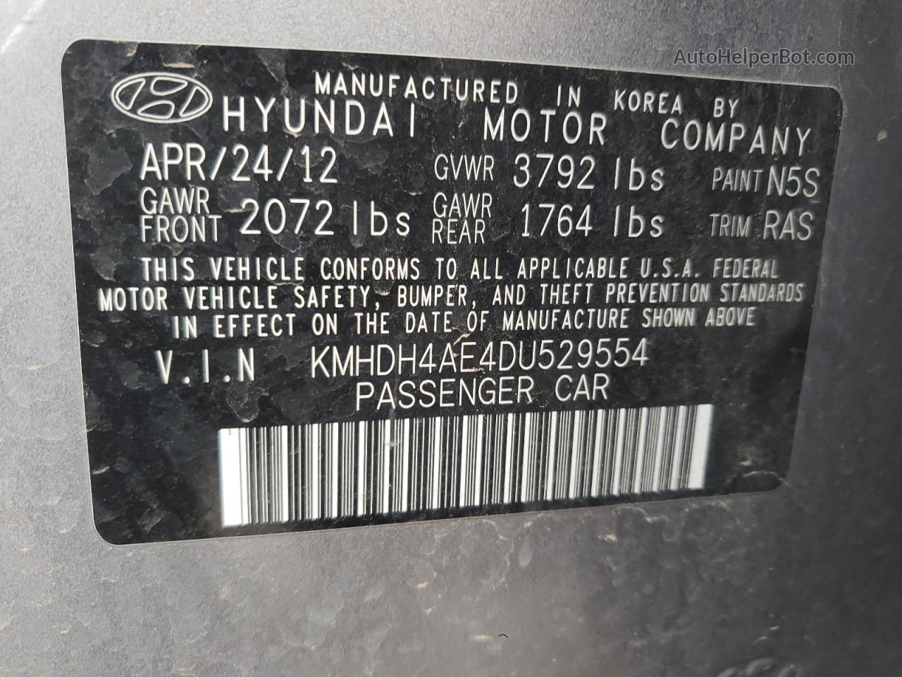 2013 Hyundai Elantra Gls Gray vin: KMHDH4AE4DU529554