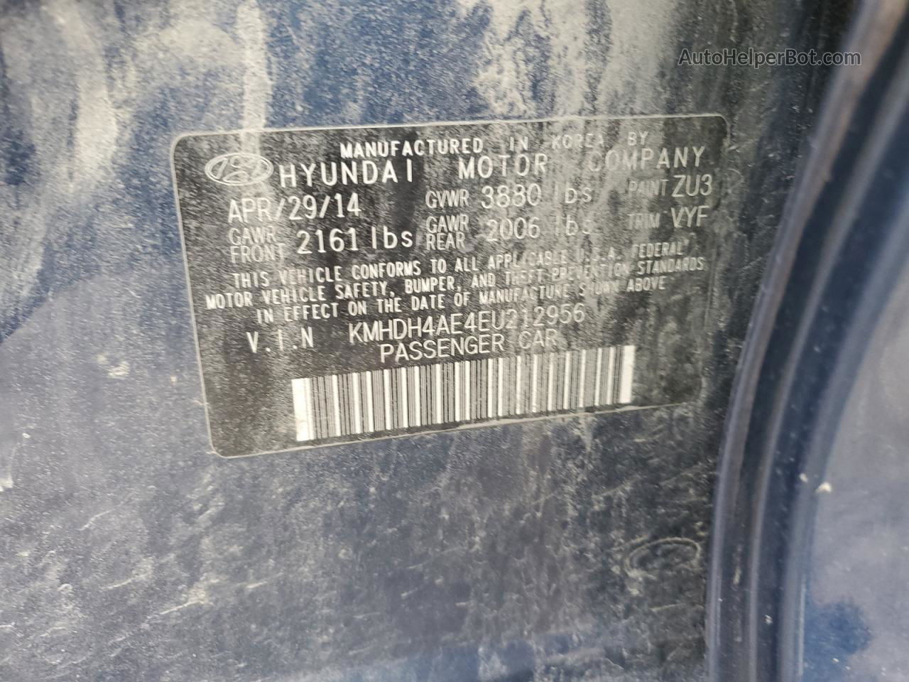 2014 Hyundai Elantra Se Синий vin: KMHDH4AE4EU212956