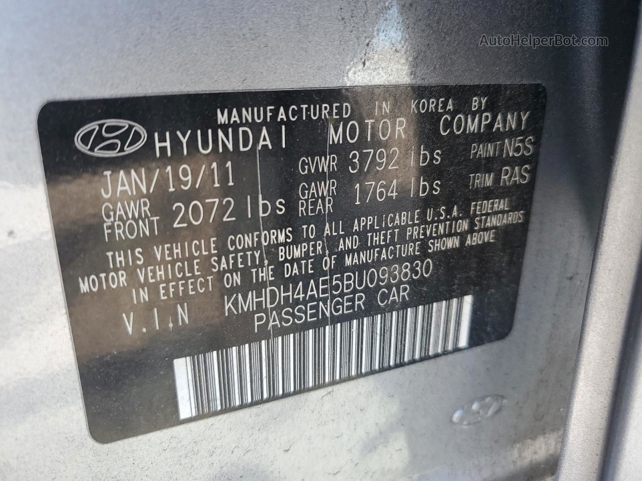 2011 Hyundai Elantra Gls Gray vin: KMHDH4AE5BU093830