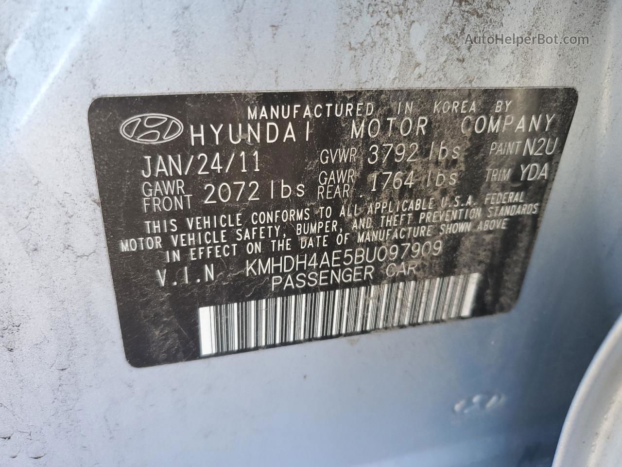 2011 Hyundai Elantra Gls Синий vin: KMHDH4AE5BU097909