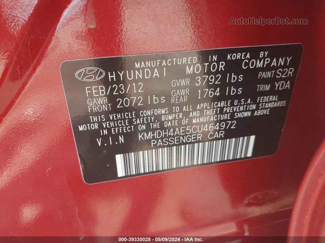 2012 Hyundai Elantra Gls (ulsan Plant) Red vin: KMHDH4AE5CU464972