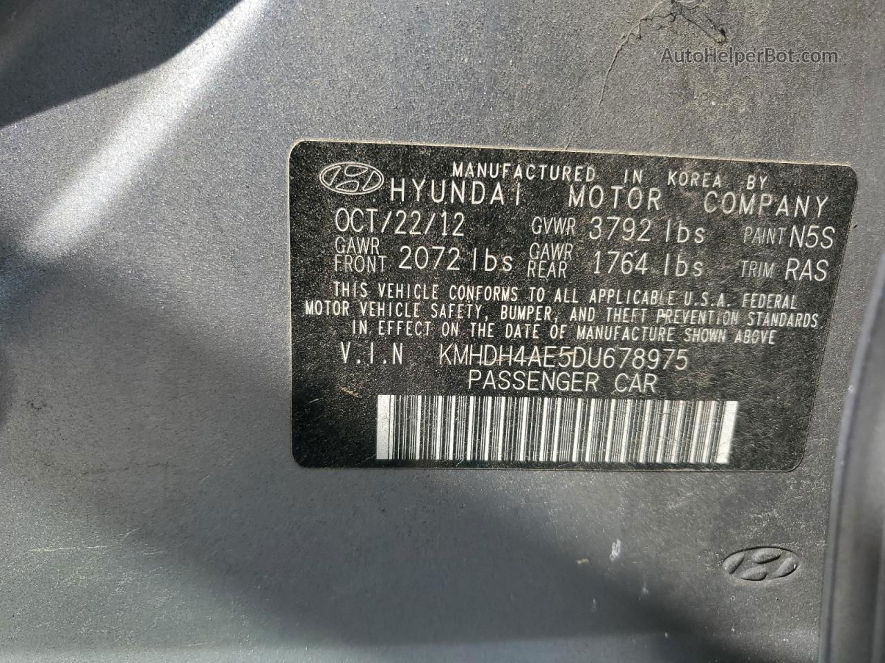 2013 Hyundai Elantra Gls Gray vin: KMHDH4AE5DU678975