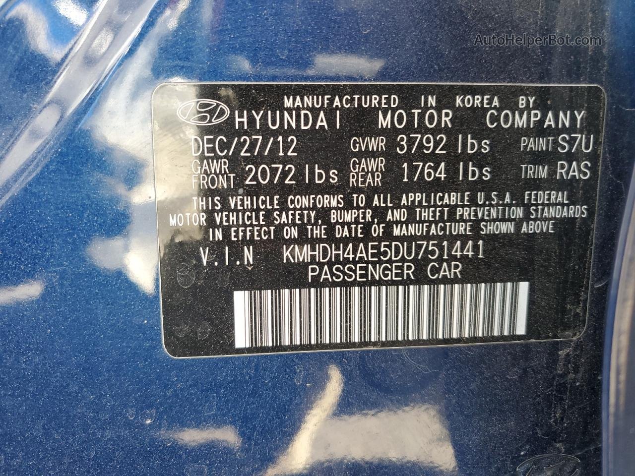 2013 Hyundai Elantra Gls Blue vin: KMHDH4AE5DU751441