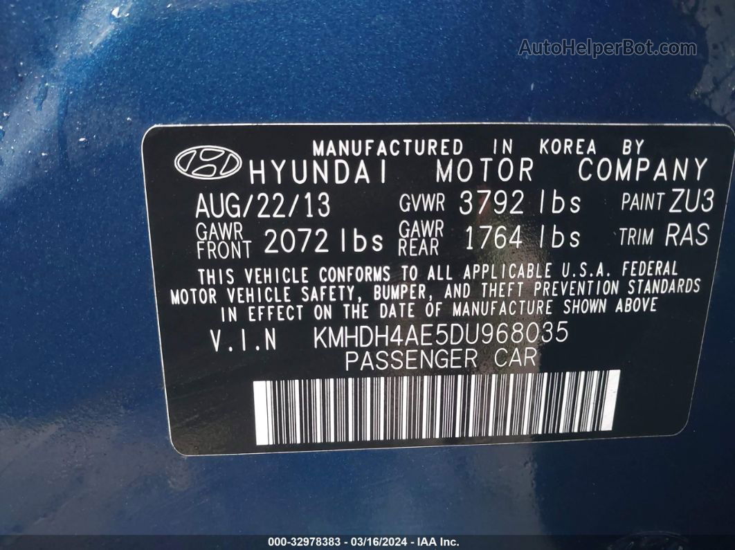 2013 Hyundai Elantra Gls (ulsan Plant) Blue vin: KMHDH4AE5DU968035
