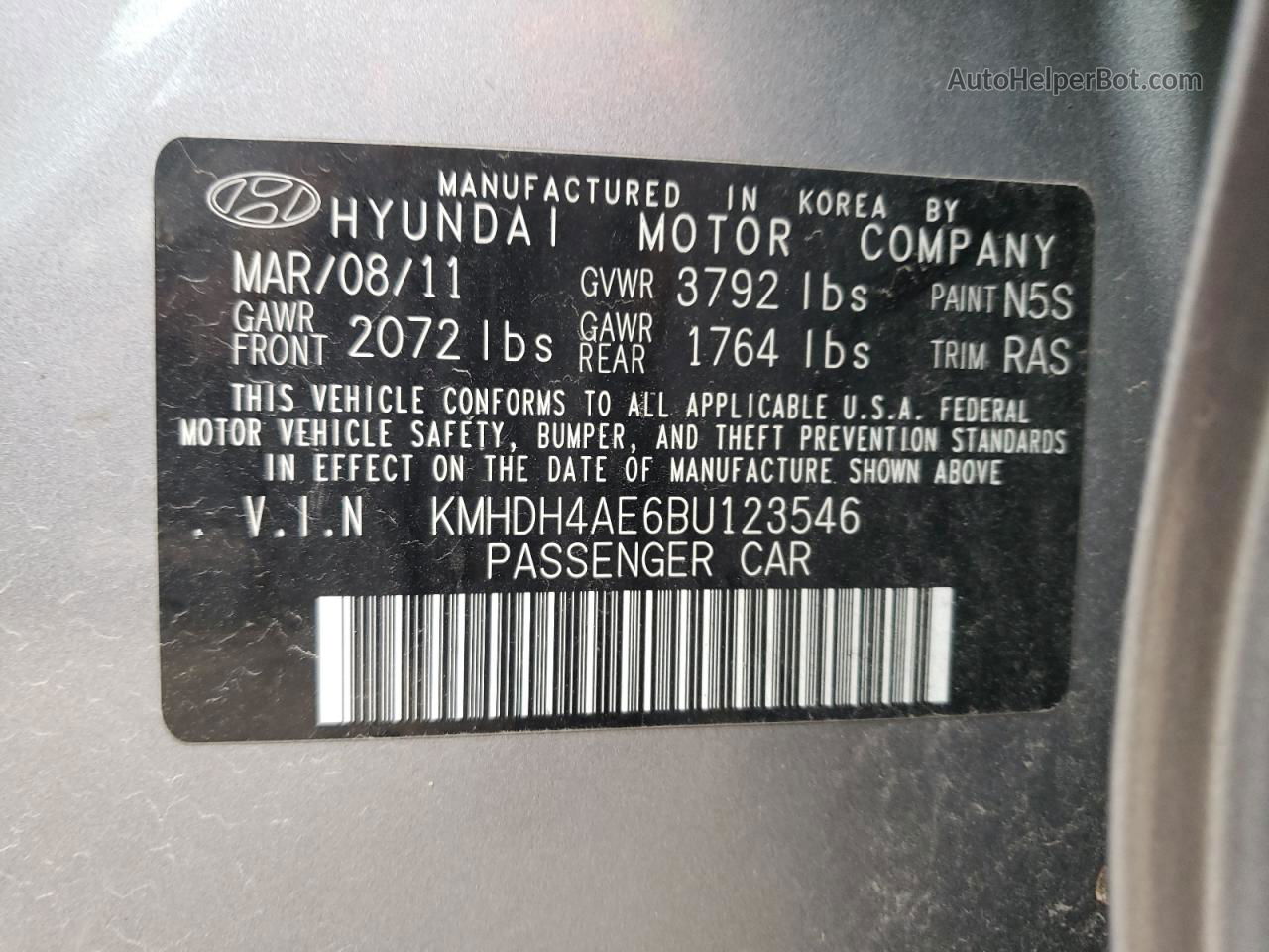 2011 Hyundai Elantra Gls Gray vin: KMHDH4AE6BU123546