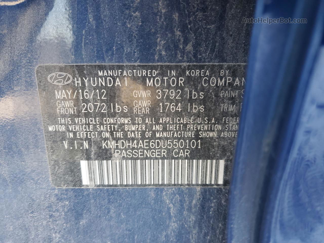 2013 Hyundai Elantra Gls Blue vin: KMHDH4AE6DU550101