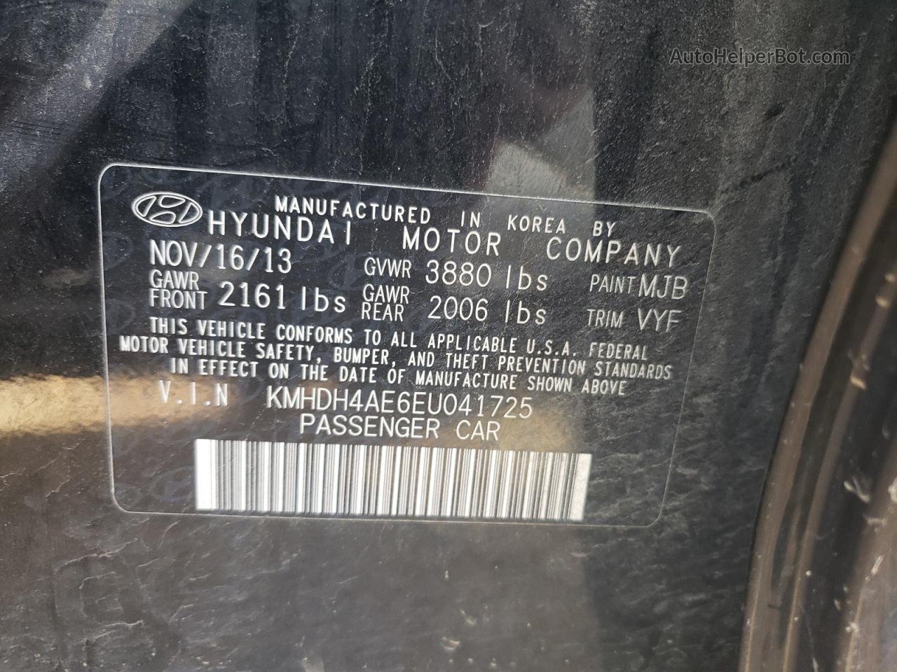 2014 Hyundai Elantra Se Черный vin: KMHDH4AE6EU041725