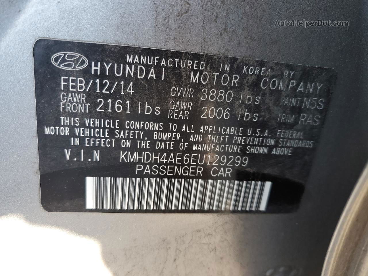 2014 Hyundai Elantra Se Gray vin: KMHDH4AE6EU129299