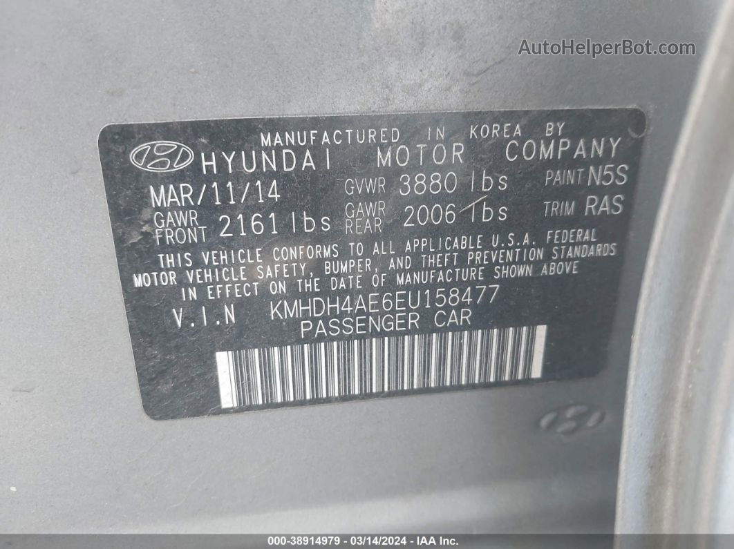 2014 Hyundai Elantra Se Silver vin: KMHDH4AE6EU158477