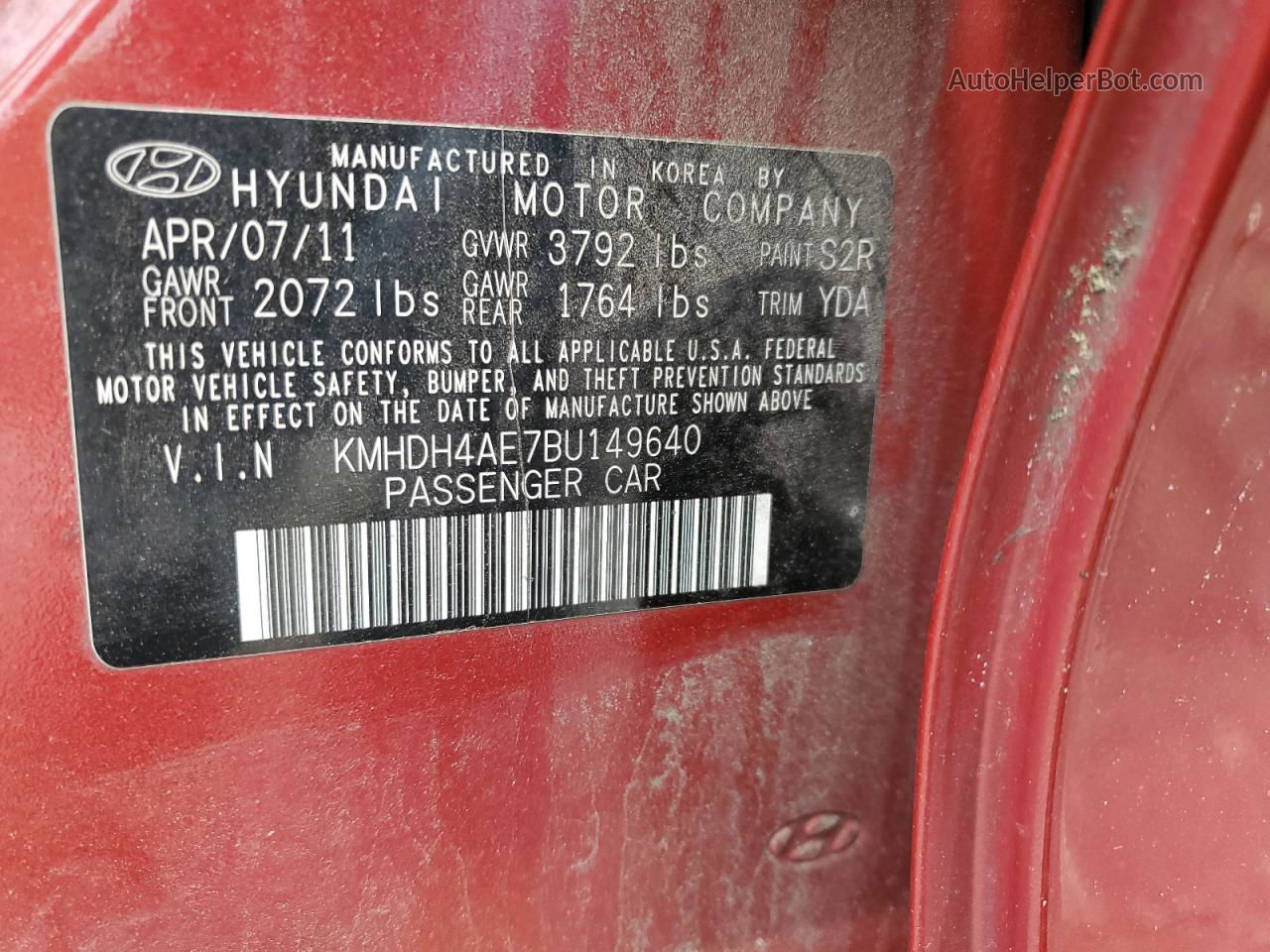 2011 Hyundai Elantra Gls Red vin: KMHDH4AE7BU149640
