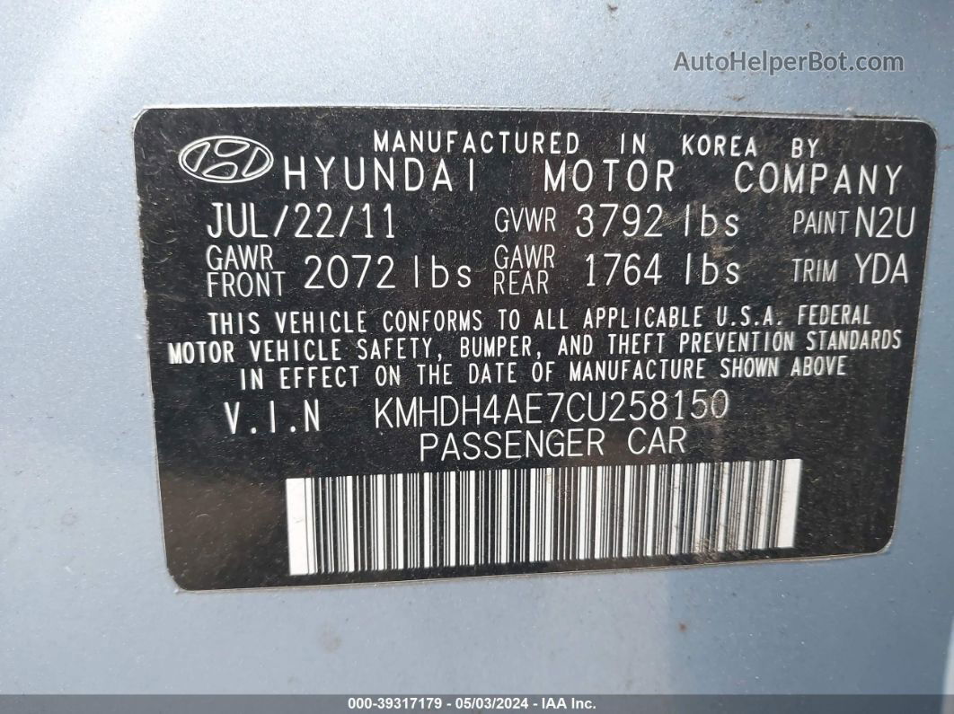 2012 Hyundai Elantra Limited (ulsan Plant) Light Blue vin: KMHDH4AE7CU258150