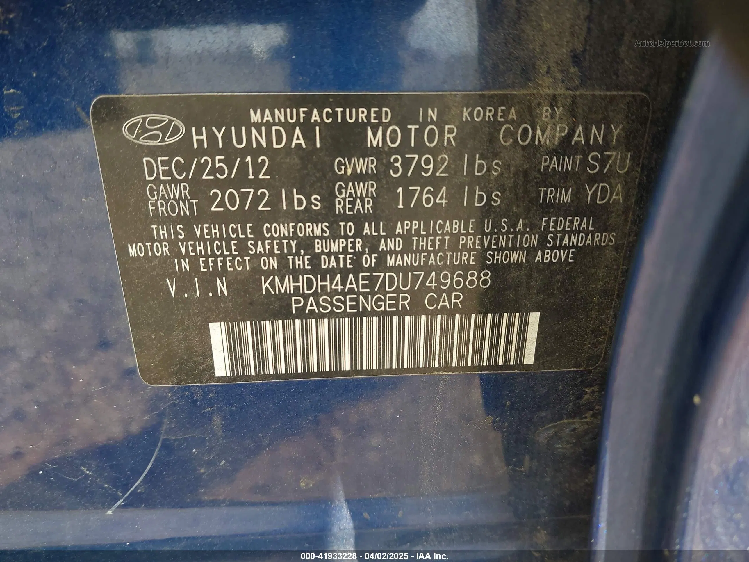 2013 Hyundai Elantra Limited Blue vin: KMHDH4AE7DU749688