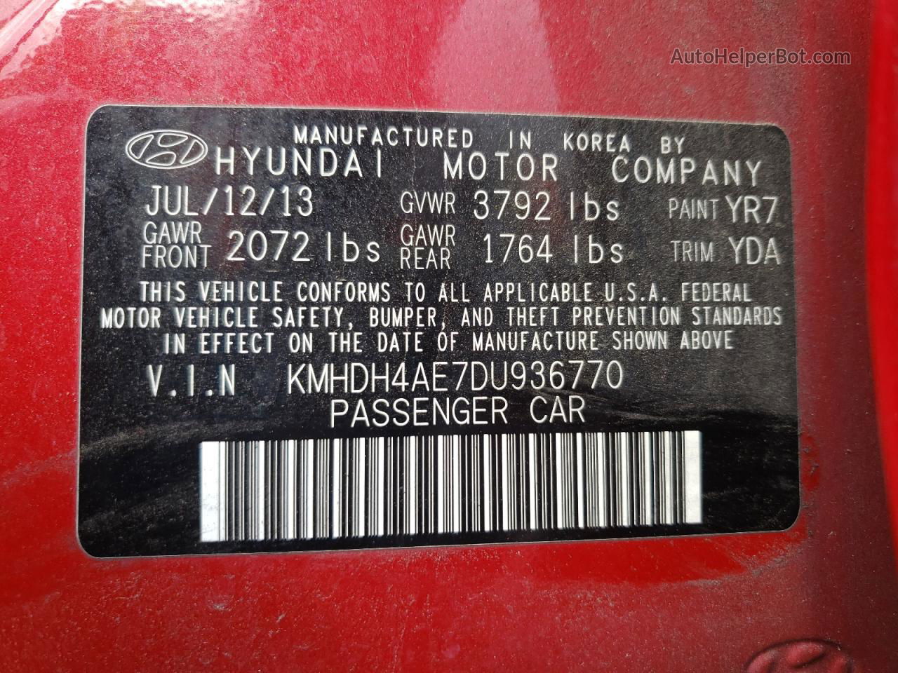 2013 Hyundai Elantra Gls Red vin: KMHDH4AE7DU936770