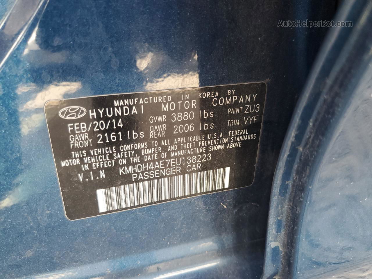 2014 Hyundai Elantra Se Синий vin: KMHDH4AE7EU138223