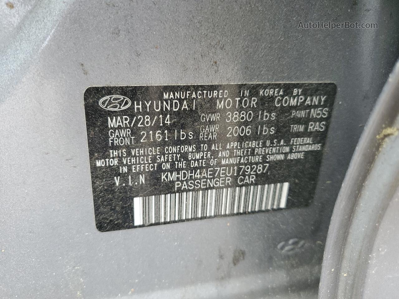 2014 Hyundai Elantra Se Gray vin: KMHDH4AE7EU179287