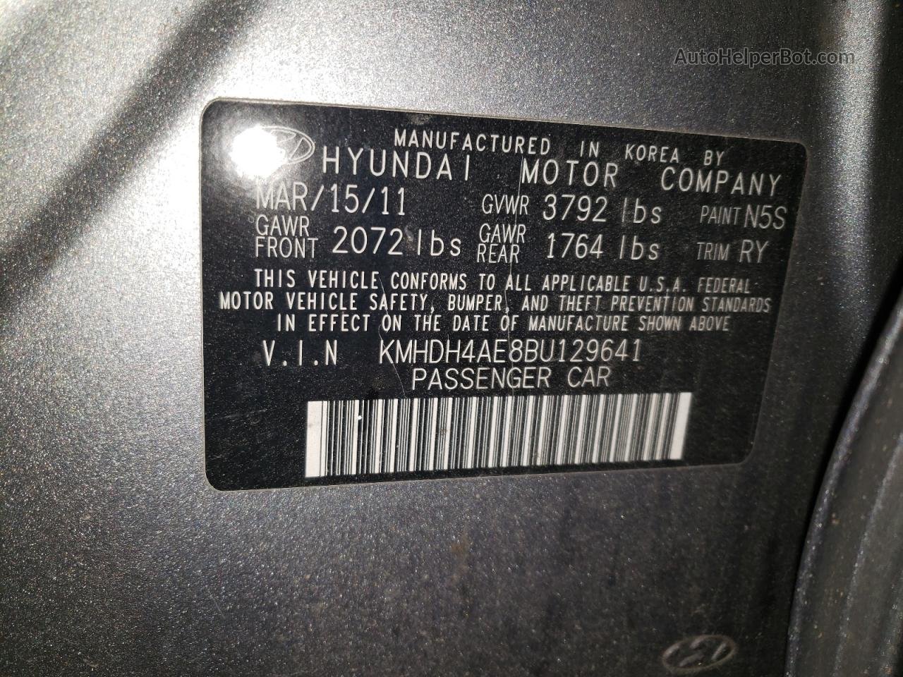 2011 Hyundai Elantra Gls Серый vin: KMHDH4AE8BU129641