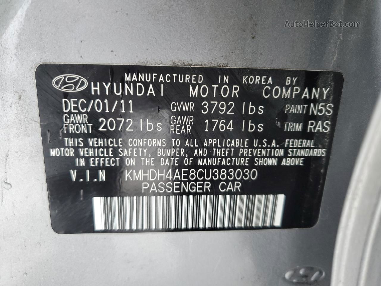 2012 Hyundai Elantra Gls Silver vin: KMHDH4AE8CU383030