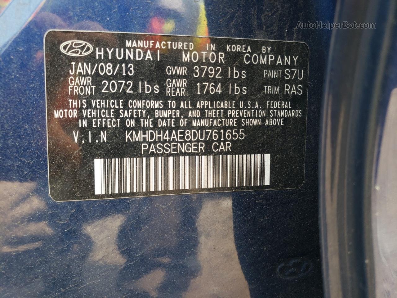 2013 Hyundai Elantra Gls Blue vin: KMHDH4AE8DU761655