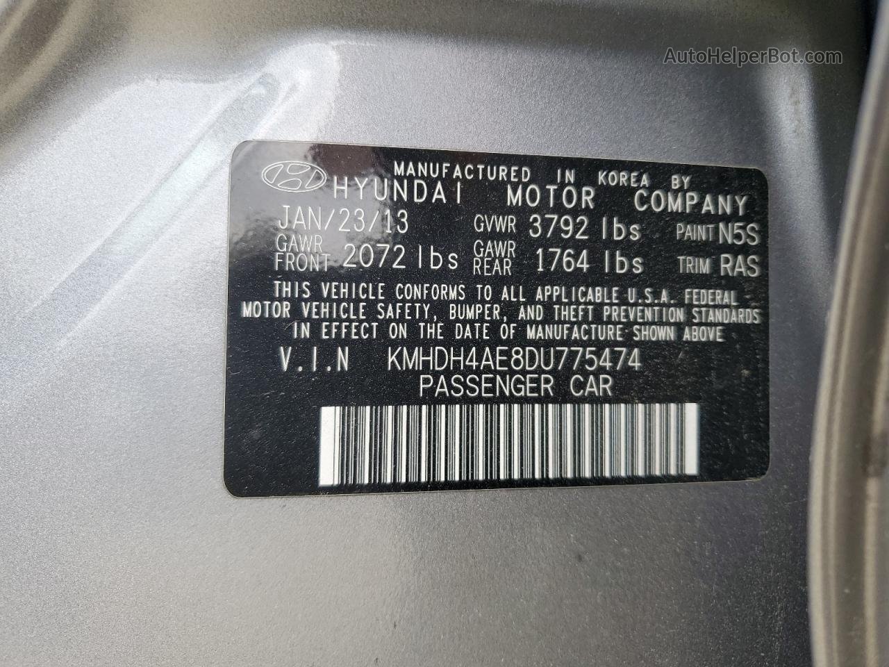 2013 Hyundai Elantra Gls Серый vin: KMHDH4AE8DU775474