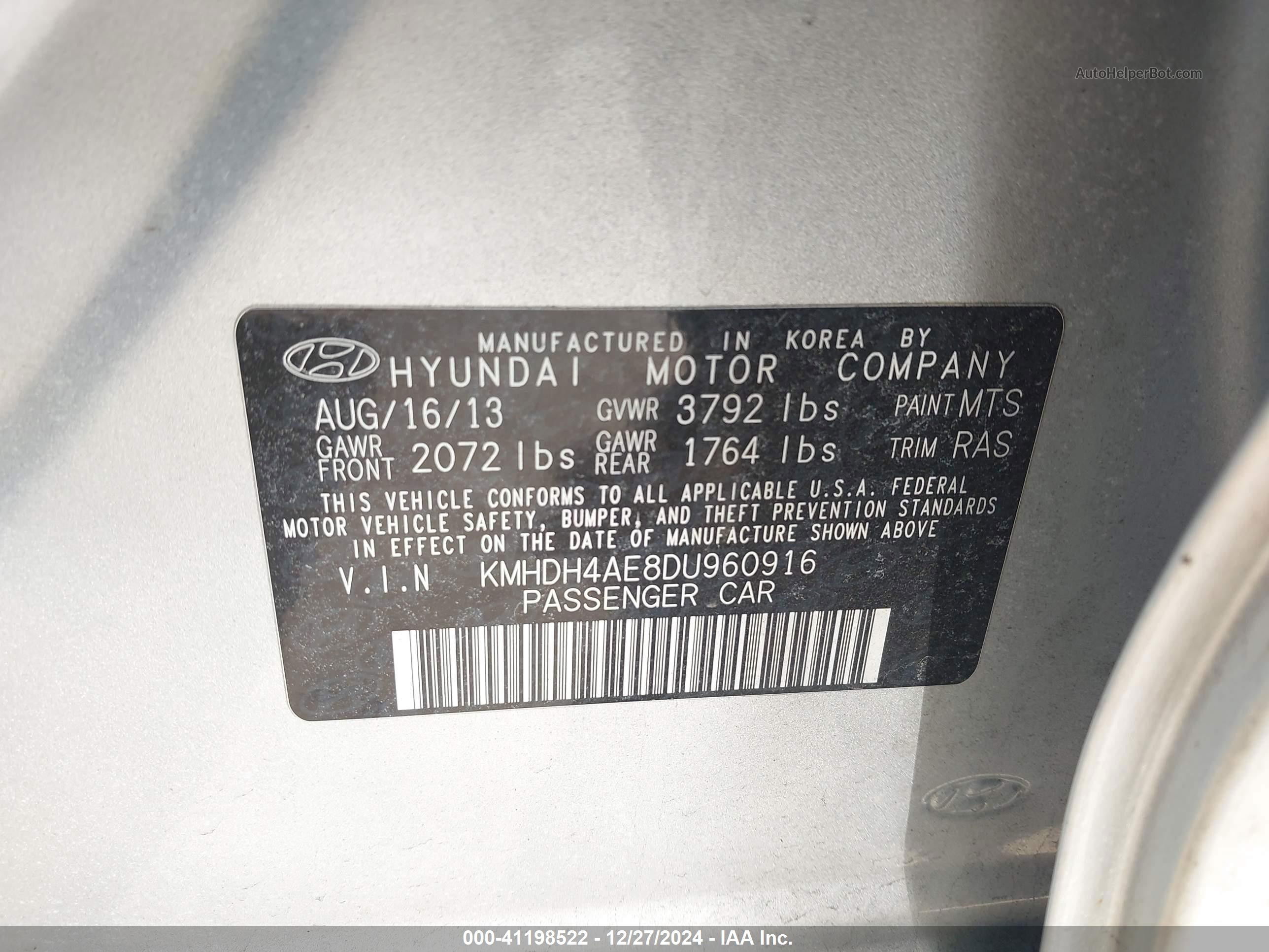 2013 Hyundai Elantra Gls Серебряный vin: KMHDH4AE8DU960916