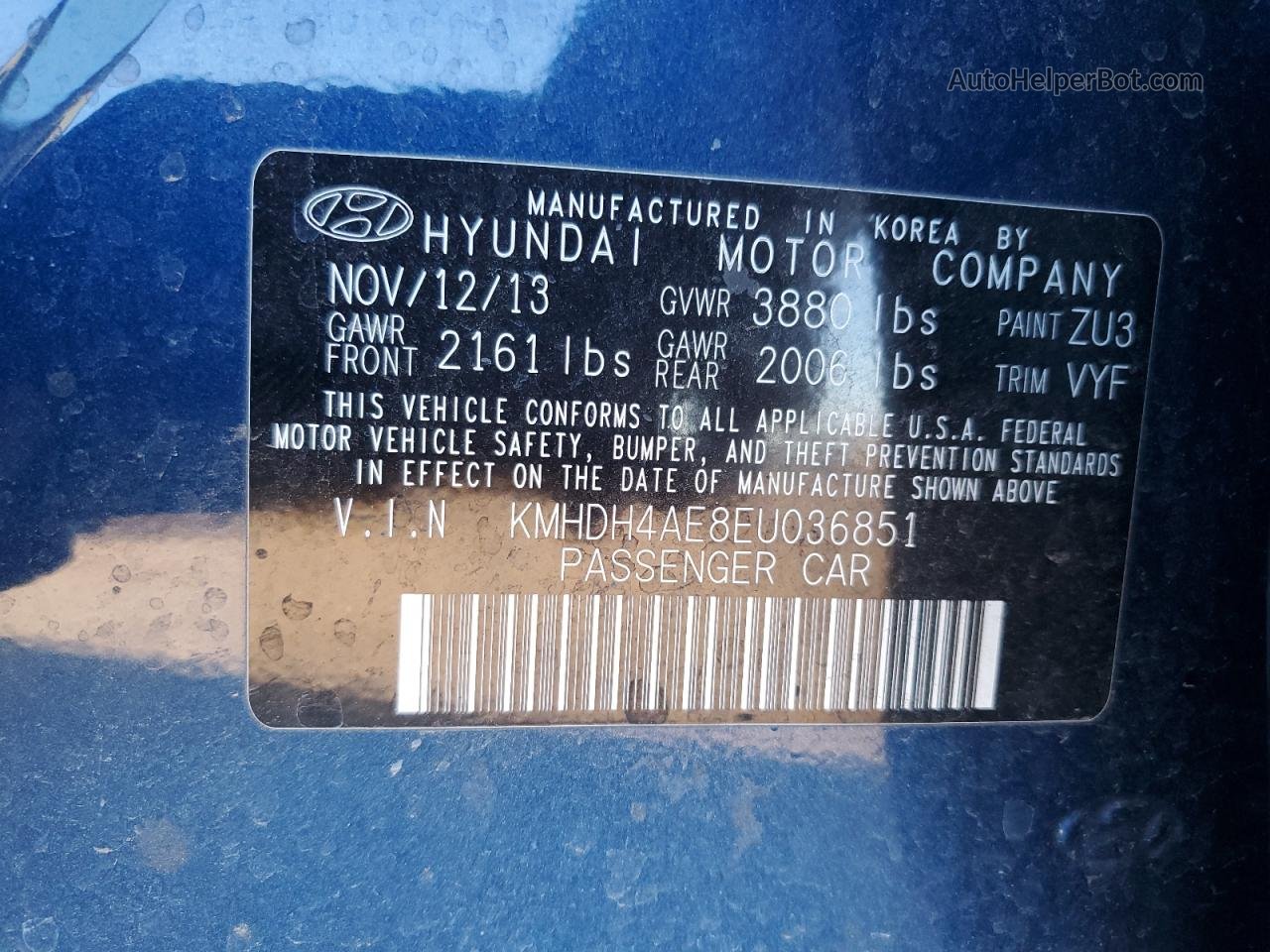 2014 Hyundai Elantra Se Blue vin: KMHDH4AE8EU036851