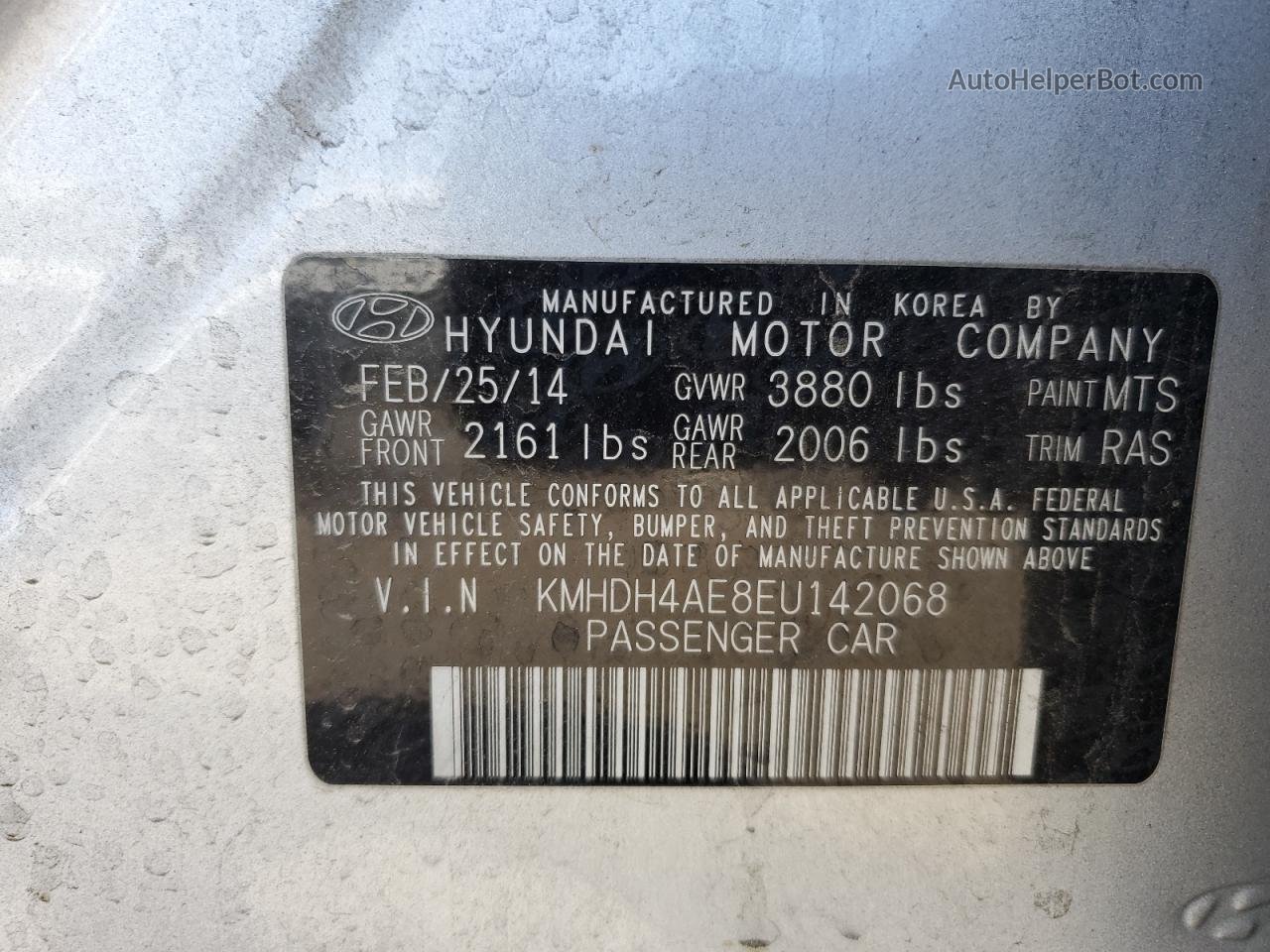 2014 Hyundai Elantra Se Silver vin: KMHDH4AE8EU142068