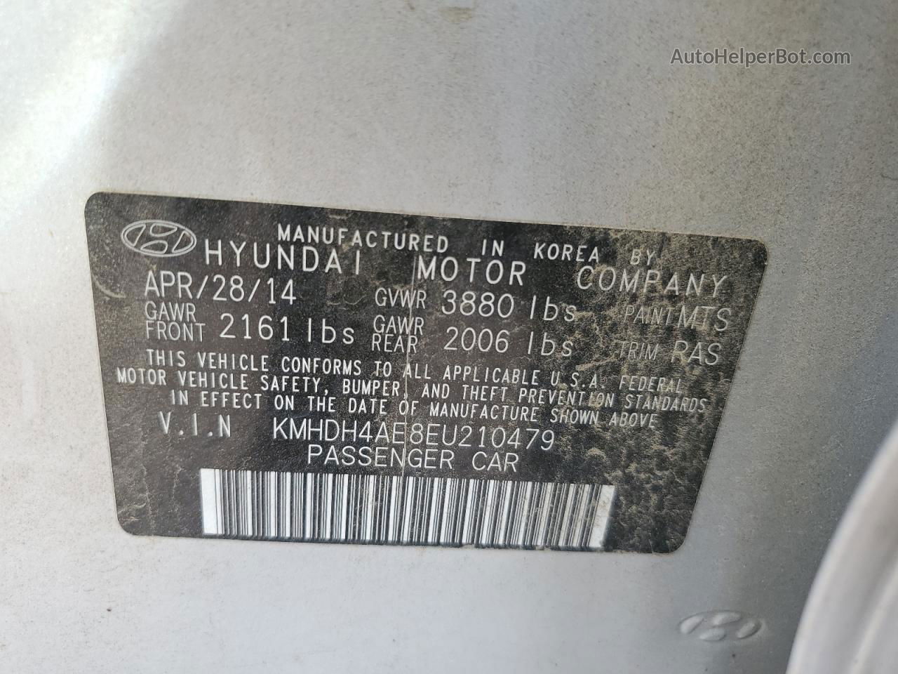 2014 Hyundai Elantra Se Серебряный vin: KMHDH4AE8EU210479