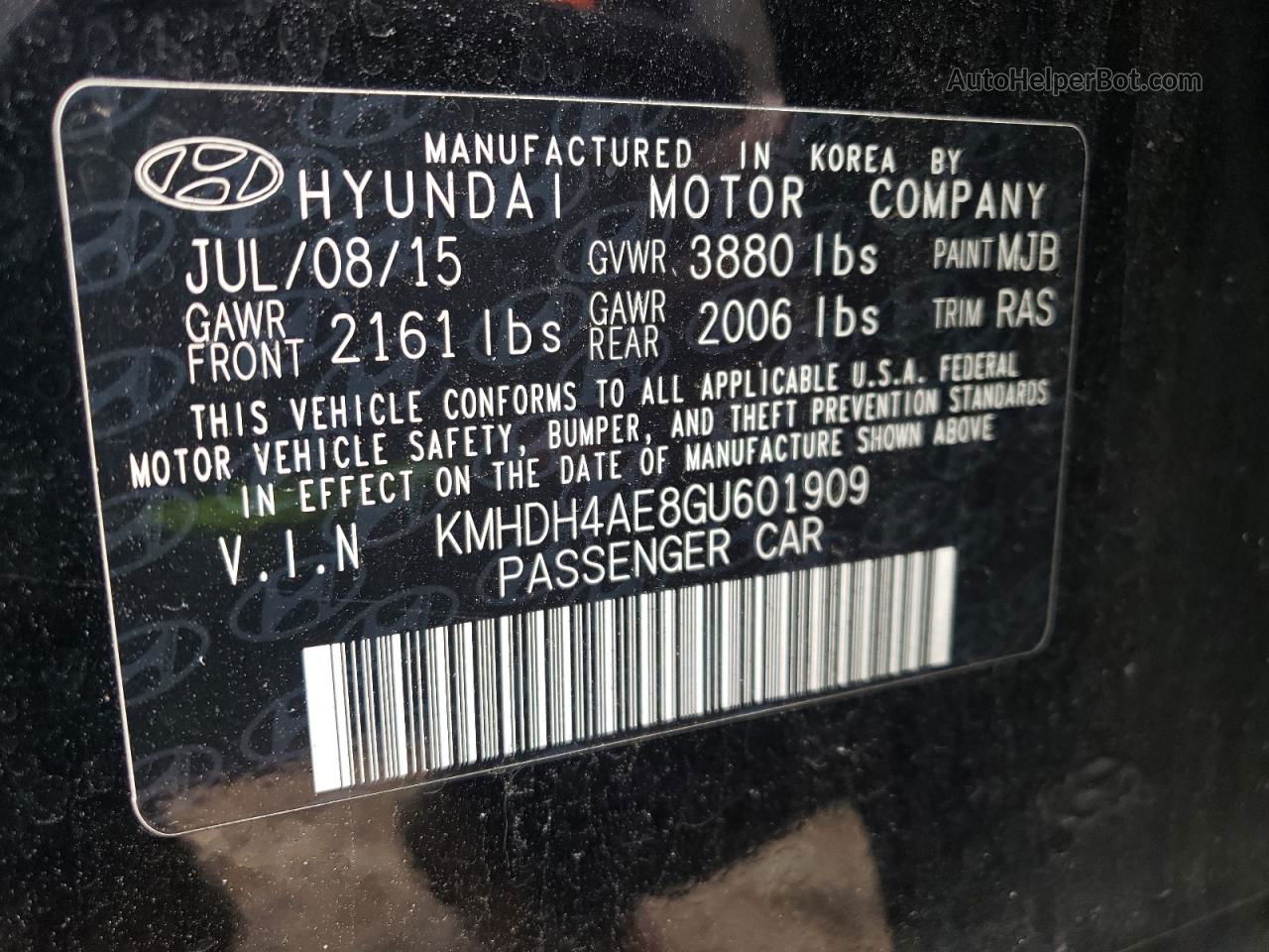 2016 Hyundai Elantra Se Черный vin: KMHDH4AE8GU601909