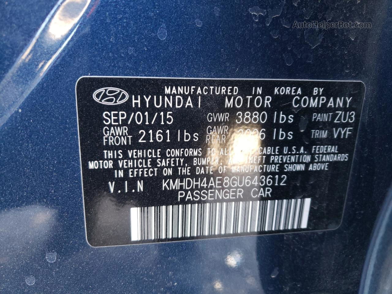 2016 Hyundai Elantra Se Синий vin: KMHDH4AE8GU643612