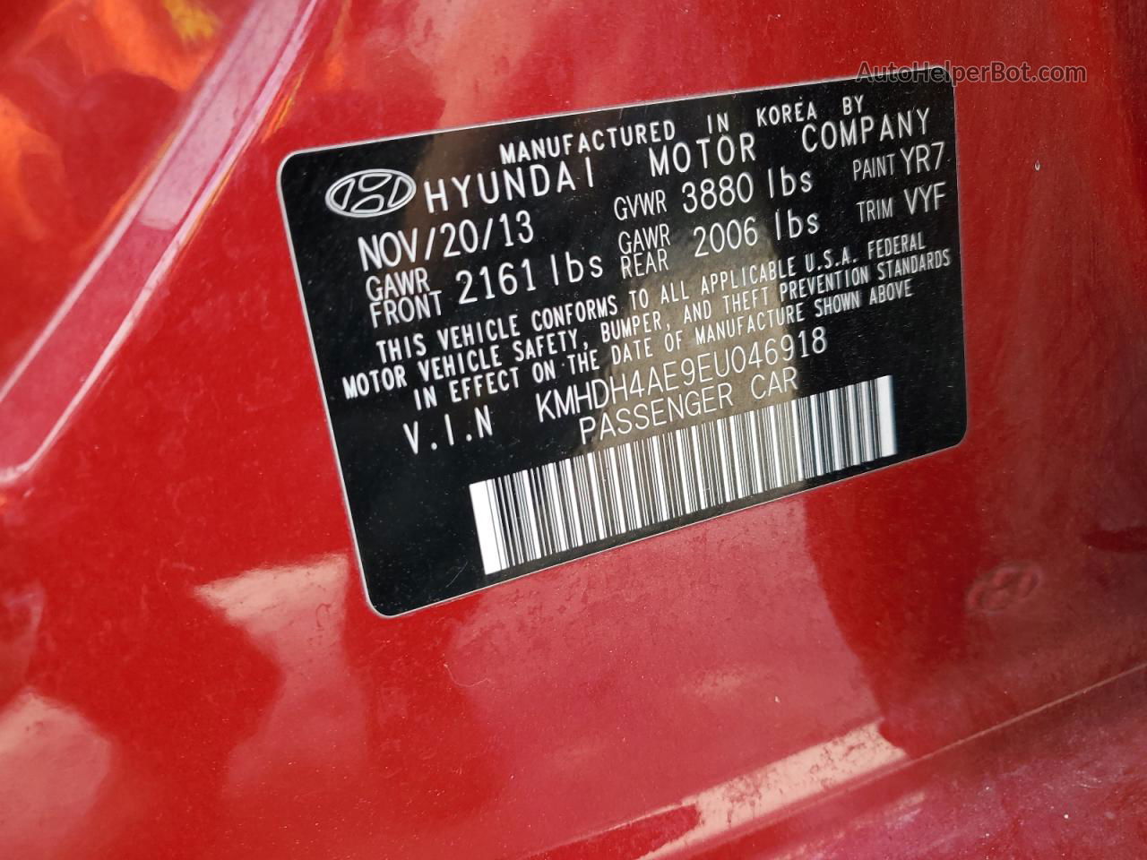 2014 Hyundai Elantra Se Red vin: KMHDH4AE9EU046918