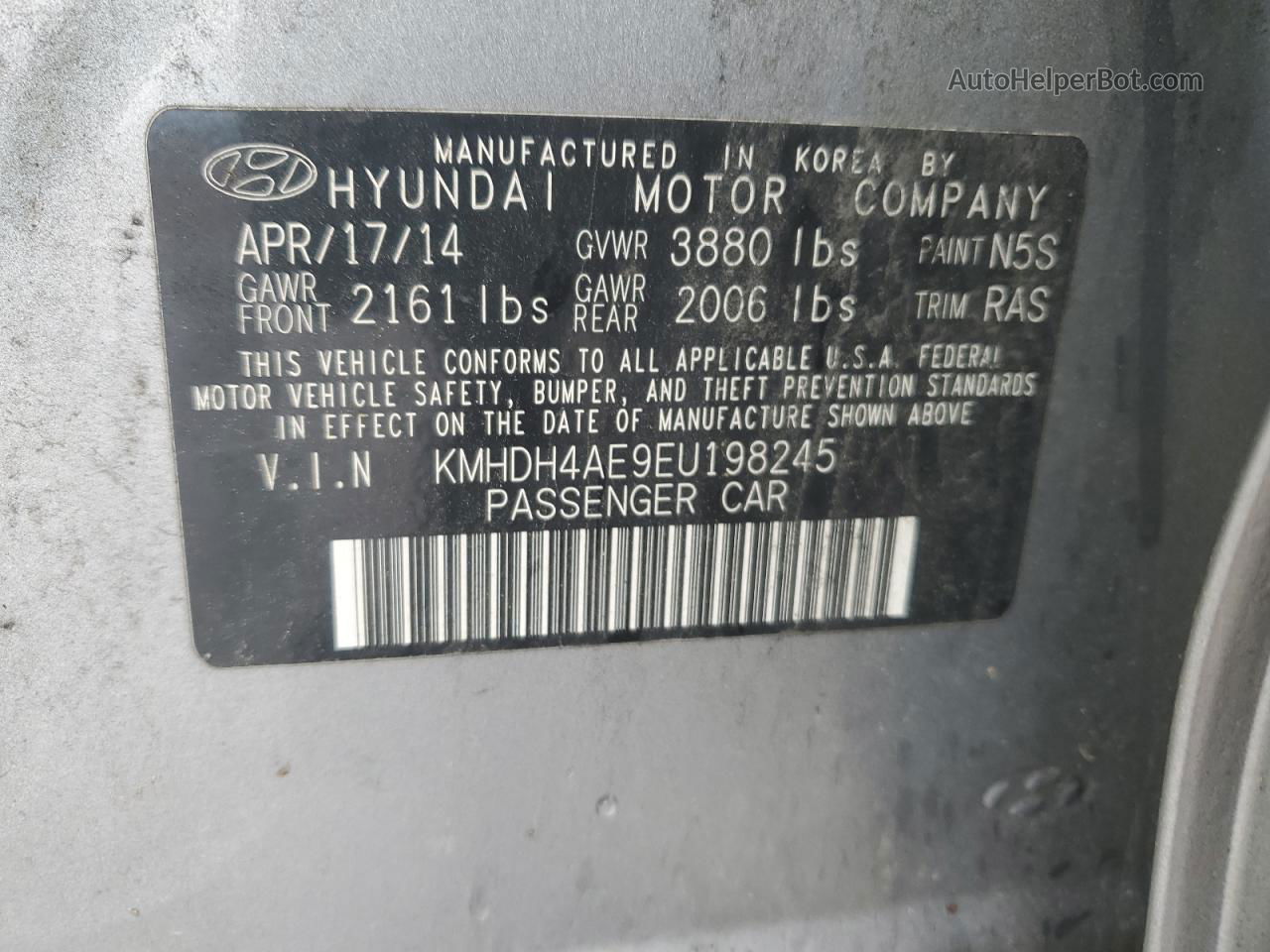 2014 Hyundai Elantra Se Gray vin: KMHDH4AE9EU198245