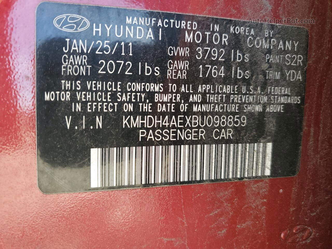 2011 Hyundai Elantra Gls Red vin: KMHDH4AEXBU098859