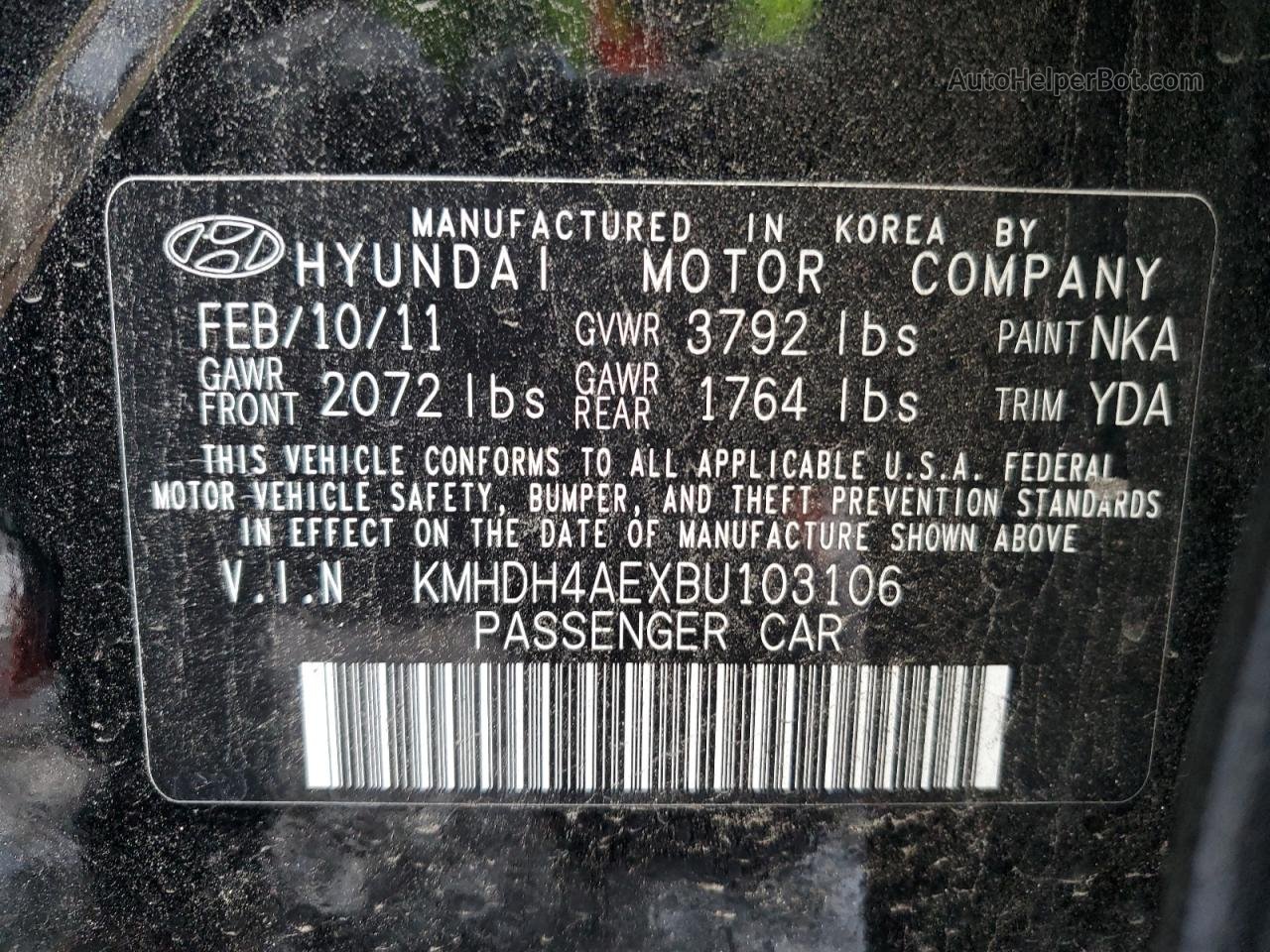 2011 Hyundai Elantra Gls Black vin: KMHDH4AEXBU103106