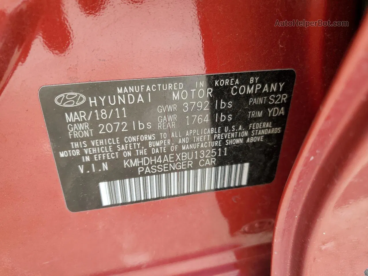 2011 Hyundai Elantra Gls Red vin: KMHDH4AEXBU132511