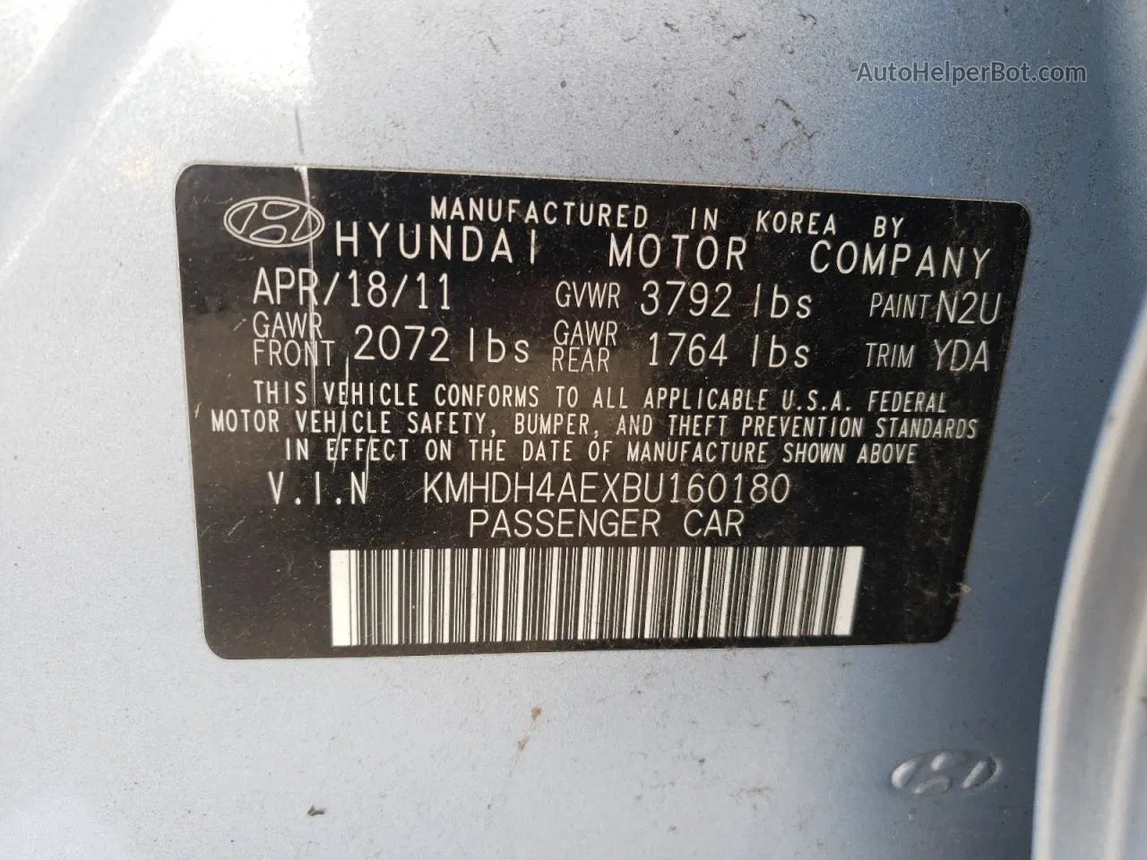 2011 Hyundai Elantra Gls Blue vin: KMHDH4AEXBU160180